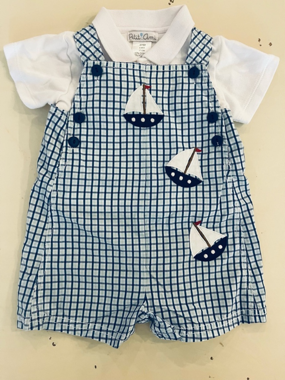 Petit Ami traditional embroidered sailboat romper, 6m